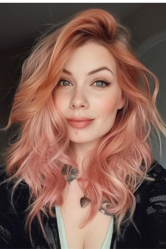 Peachy rose radiance with golden highlights.