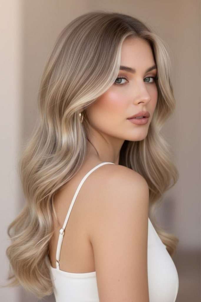 Pearl bronde hair with luminous cool highlights.