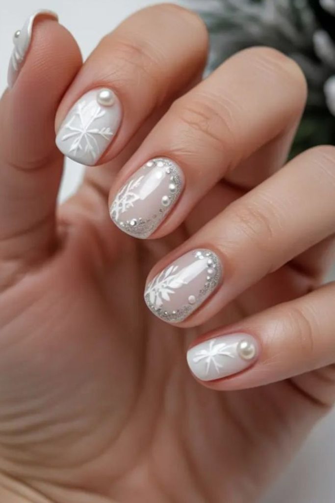 Pearlescent white crystal snowflake nails.