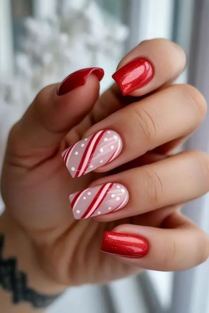 Cute peppermint candy dot nail design.
