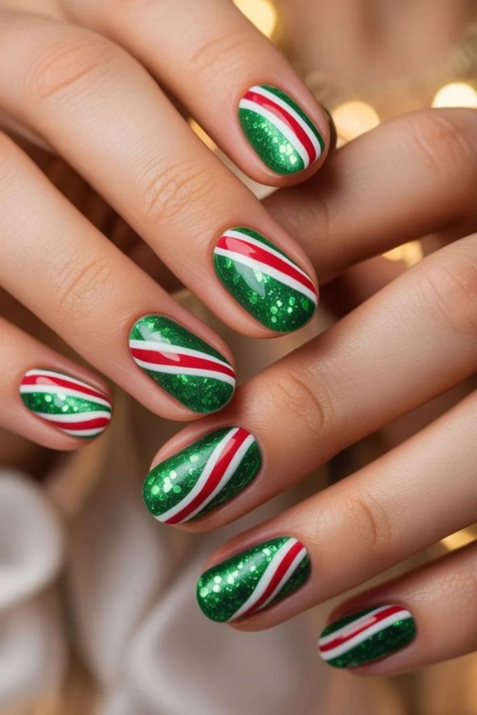 Peppermint red green evergreen nails.