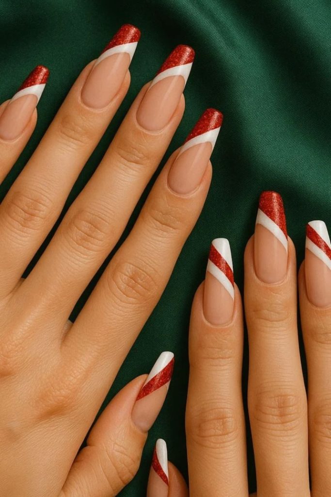 Elegant peppermint swirl French manicure.