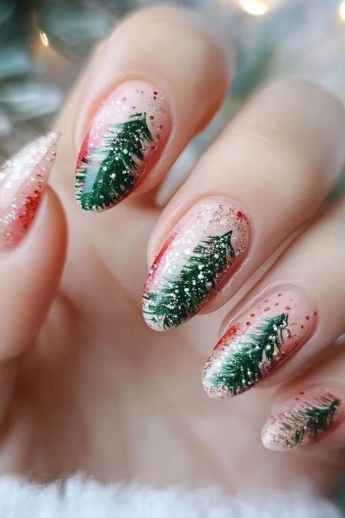 Peppermint swirl Christmas tree nail art.