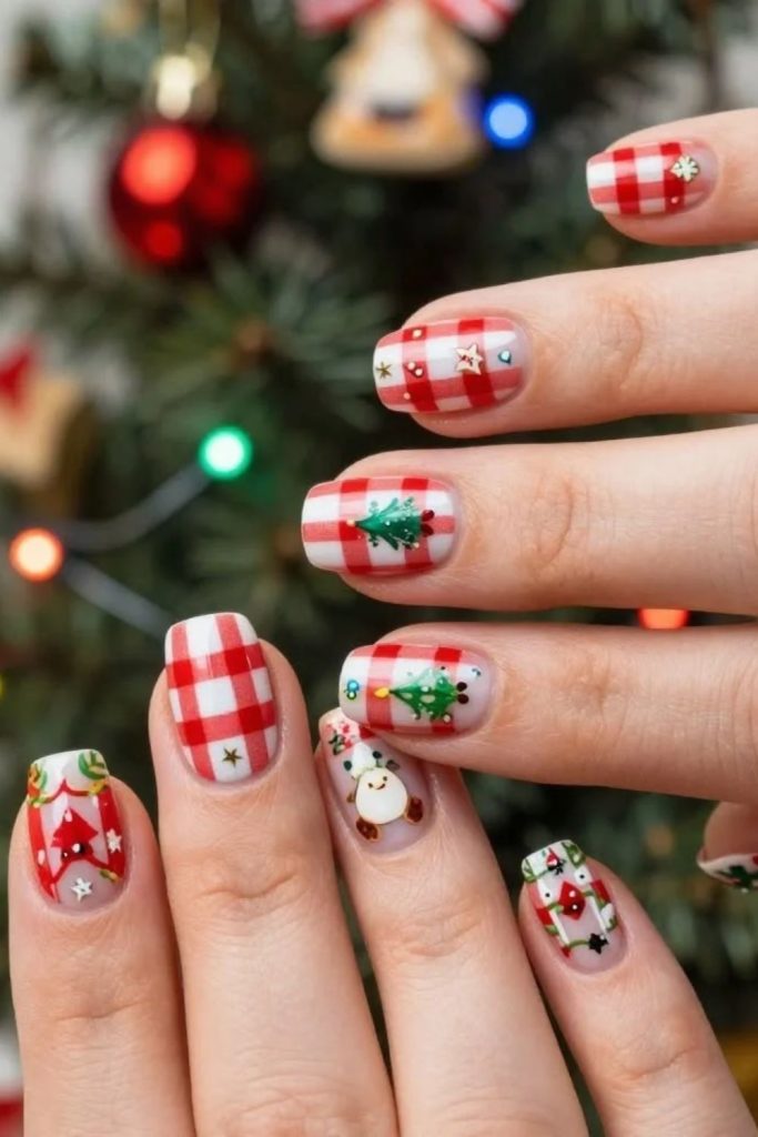 Luxurious peppermint plaid Christmas manicure.
