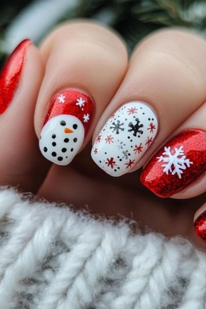 Whimsical peppermint snow globe Christmas nails.
