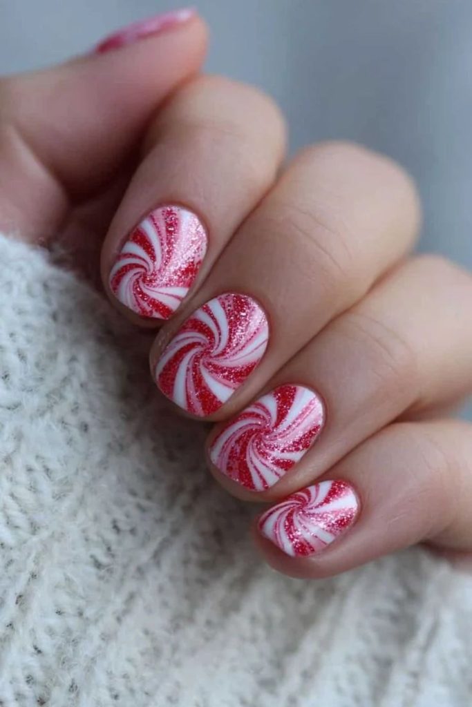Snowflake accented peppermint candy cane nails.
