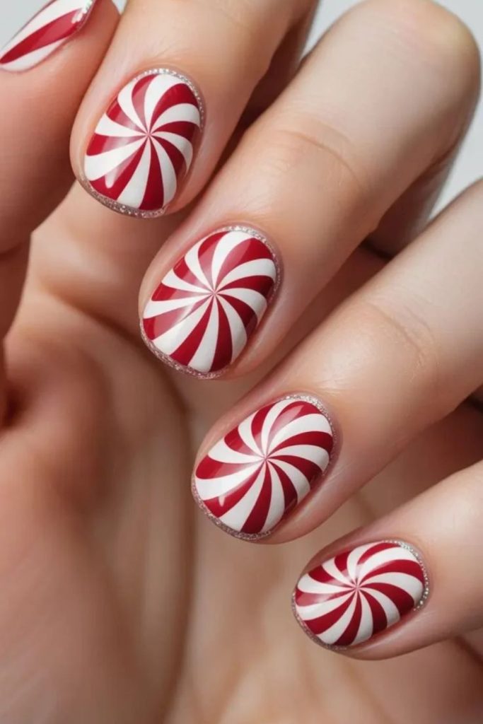 Playful peppermint swirl accent nails.