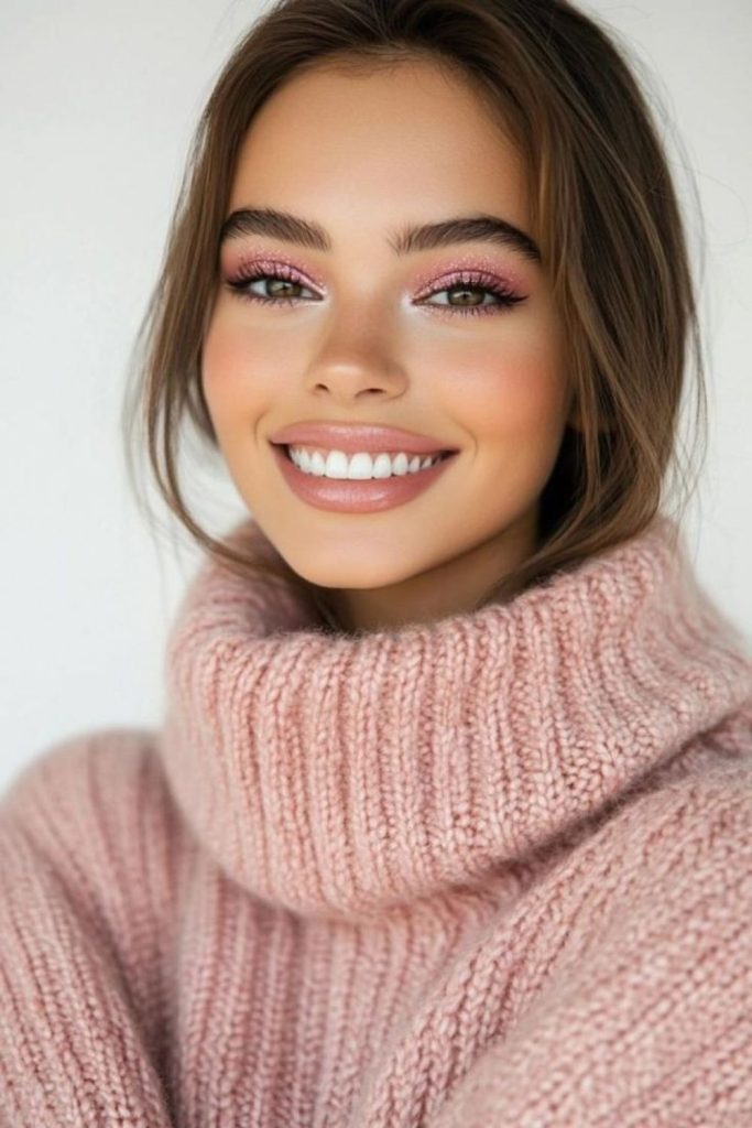 Pink snowdrift soft winter makeup.