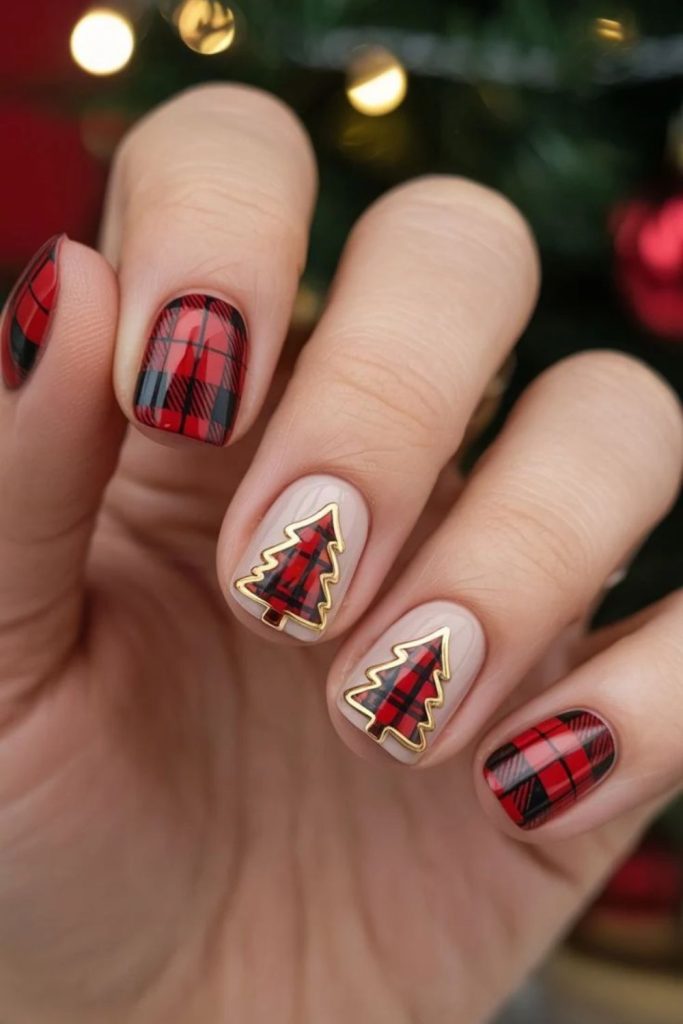 Plaid Christmas tree holiday nail design.