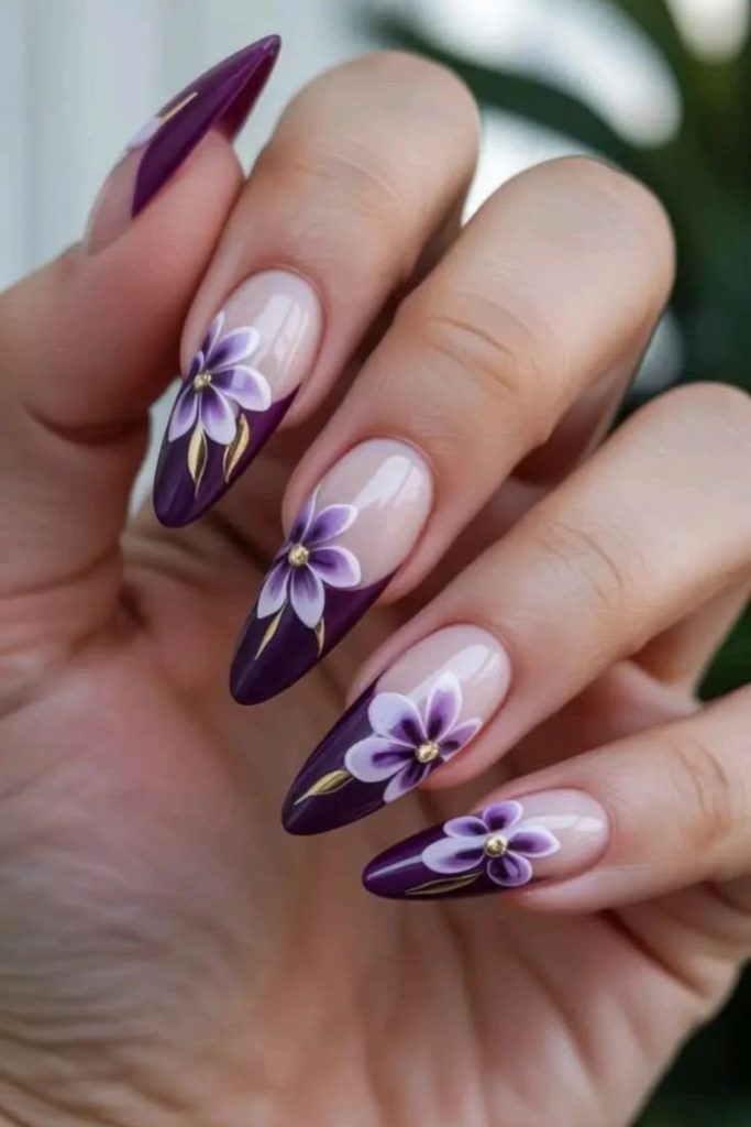 Floral sugar plum French tip nails.