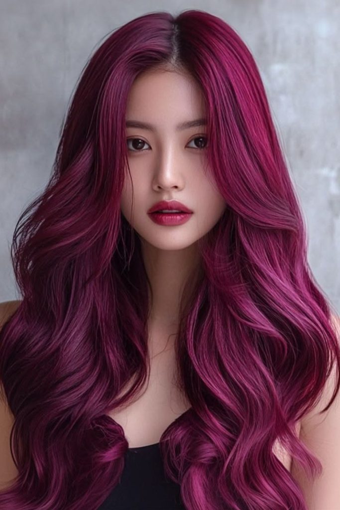 Plum magenta sleek hair with highlights.