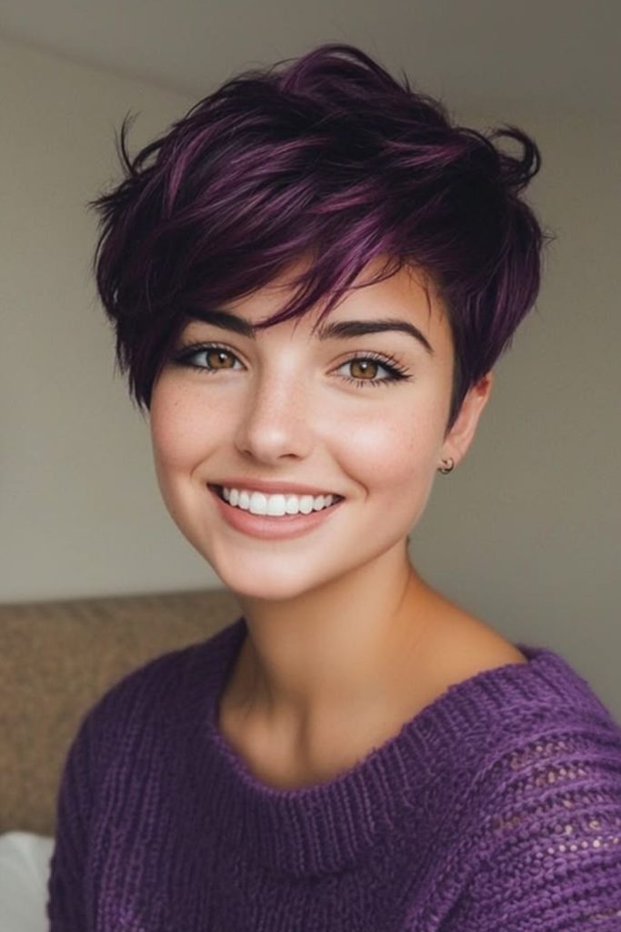 Plum pixie cut with vibrant highlights.