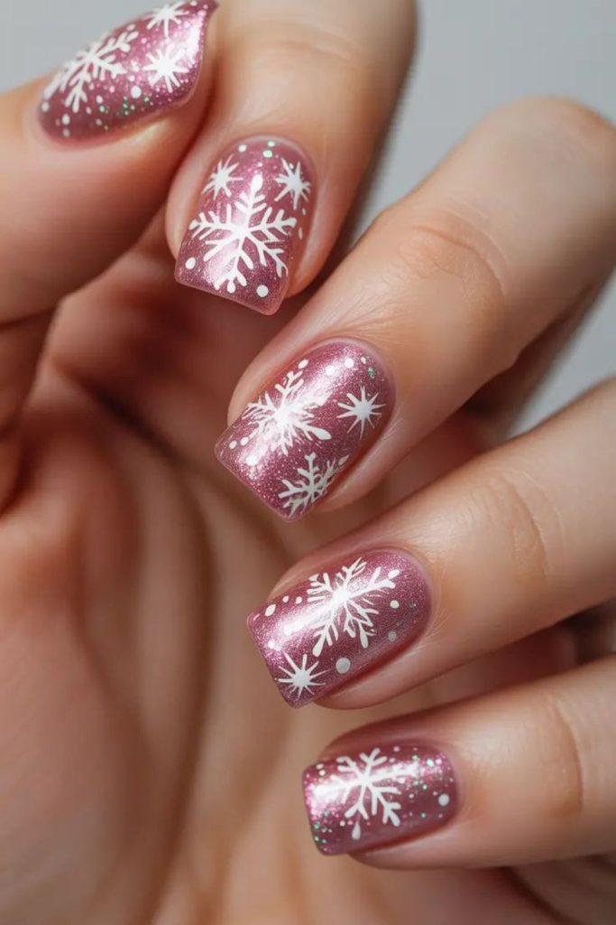 Bright pink playful snowflake nails.