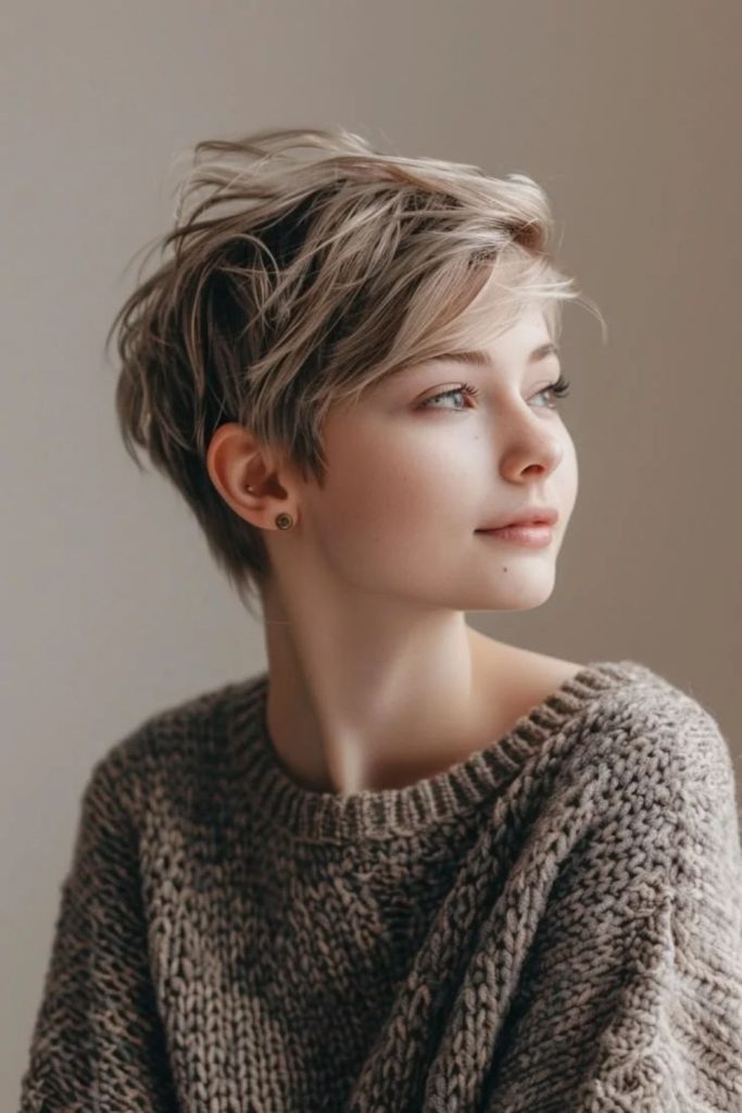 Razor-cut textured pixie bob hairstyle.