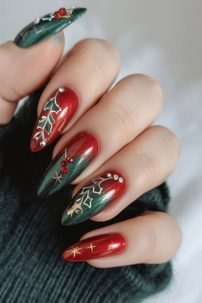 Red berry frosted green nails.