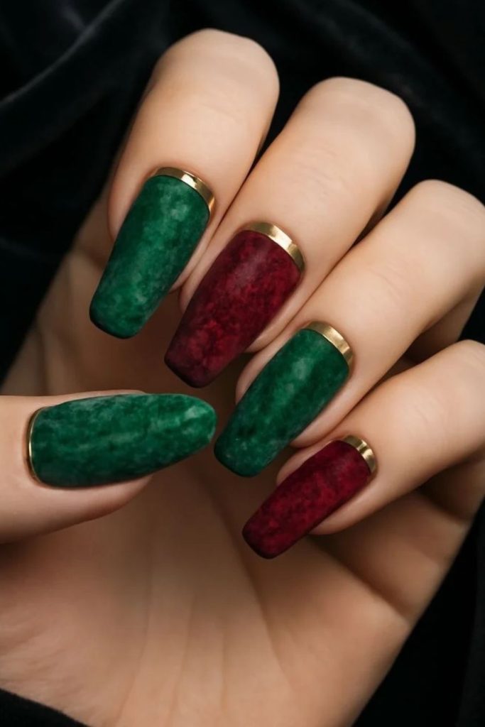 Red velvet evergreen winter manicure.