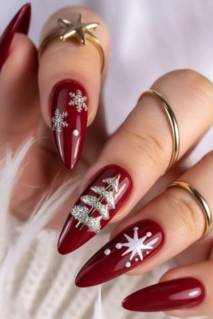 Burgundy velvet Christmas fir nail art.