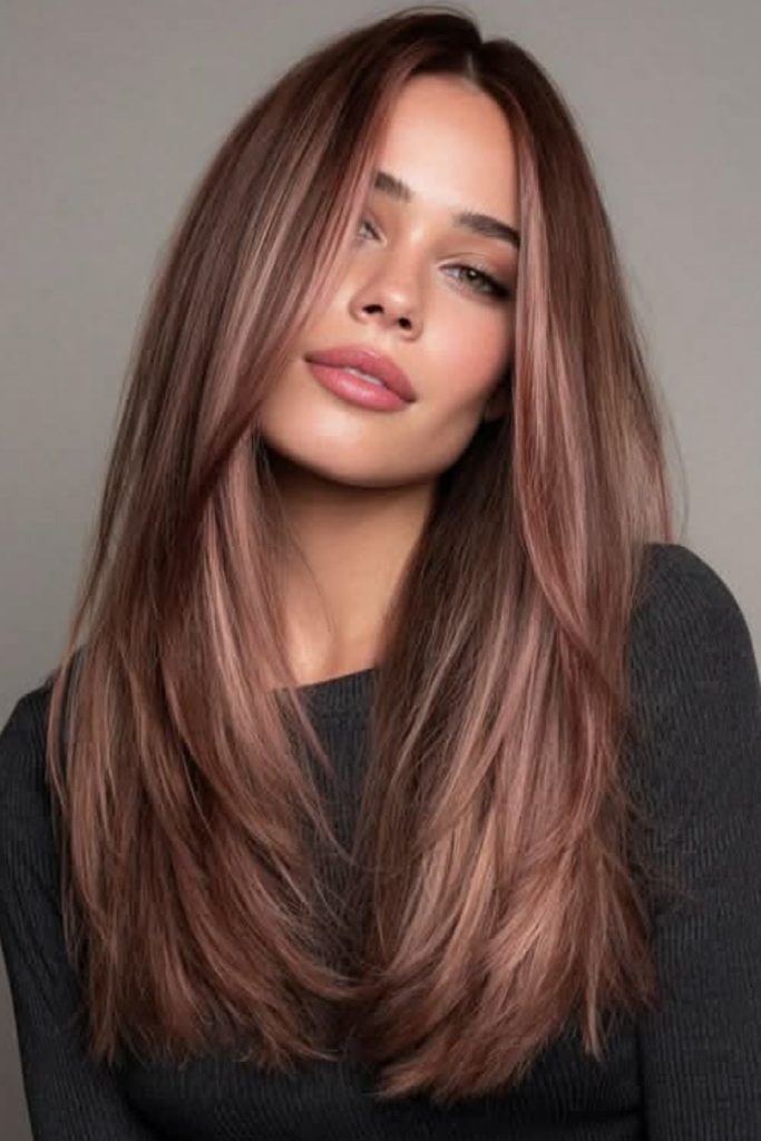 Rose bronde hair with delicate pink tones.