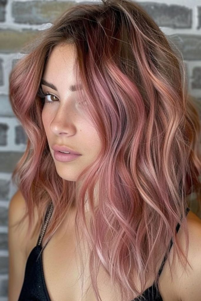 Rose gold balayage on long hair.