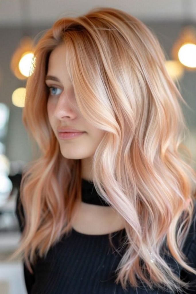 Rose gold blonde with soft curls.