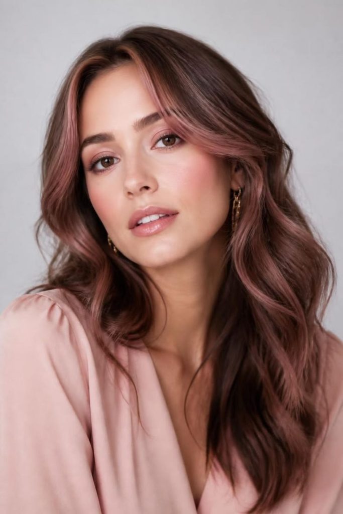 Rose gold brunette with subtle highlights.