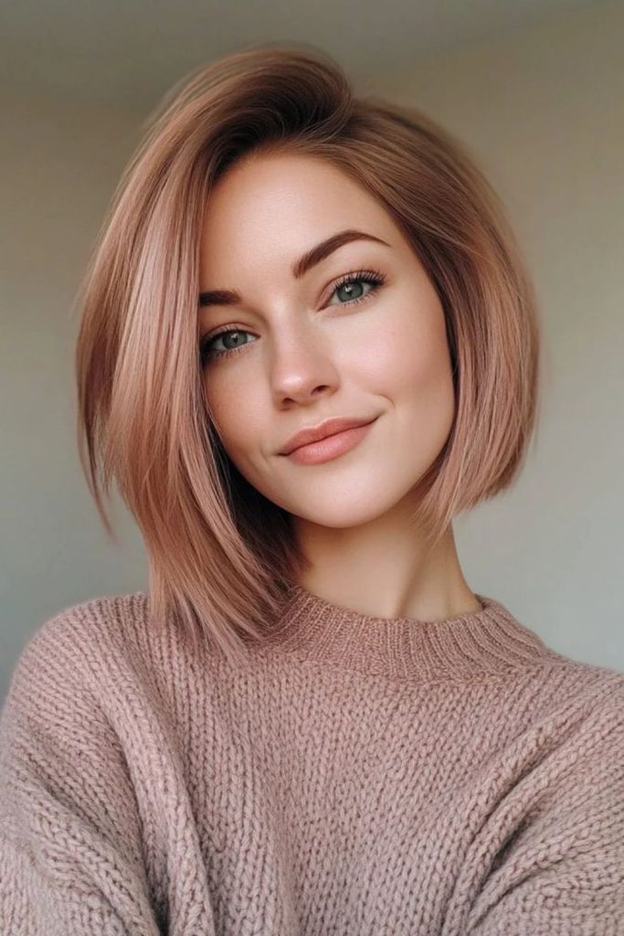 Rose gold champagne bob with shine.
