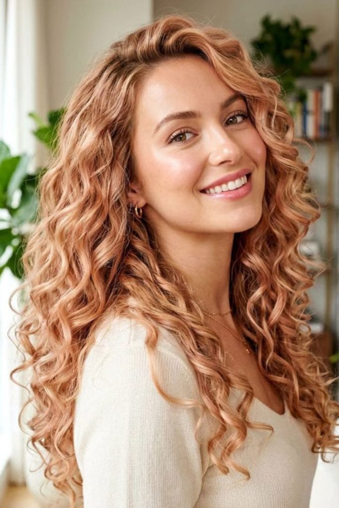 Rose gold mermaid waves with highlights.
