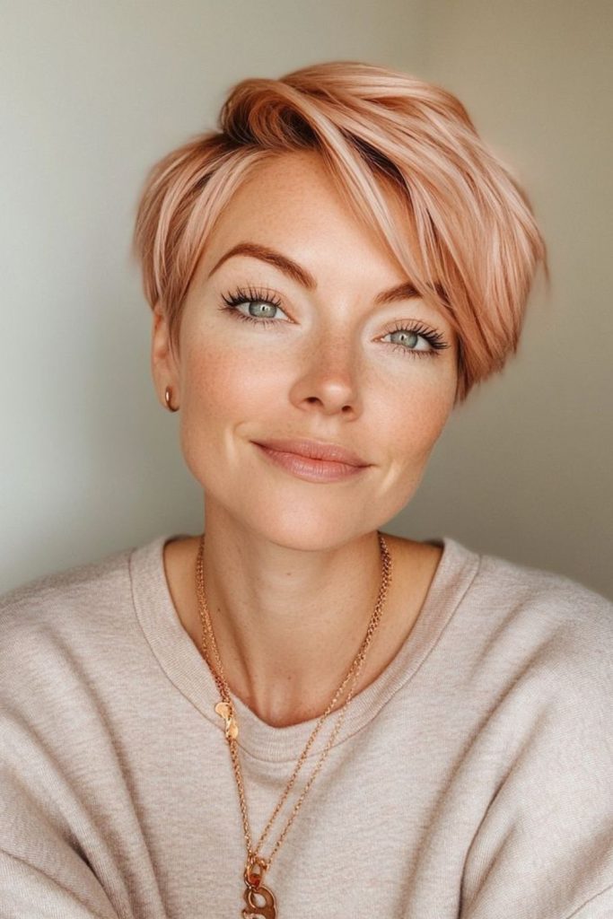 Rose gold pixie cut with highlights.
