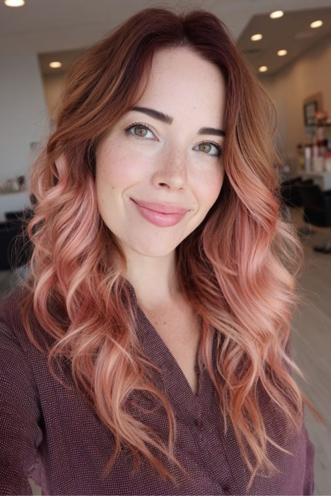 Rose gold sunset with colorful waves.