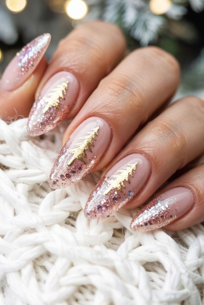 Rose gold Christmas tree nail design.