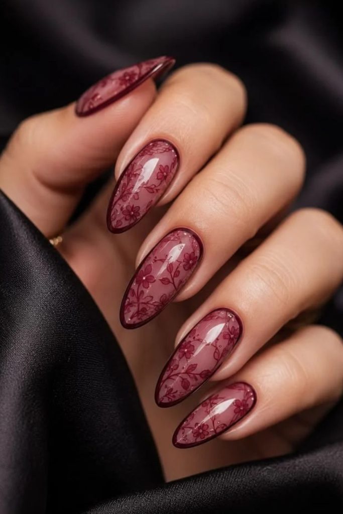 Rosewood burgundy floral nail art