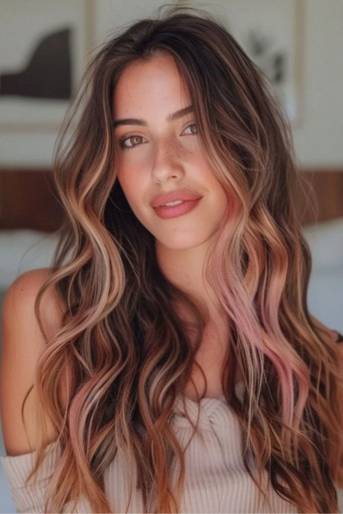 Rosy caramel glow with warm highlights.