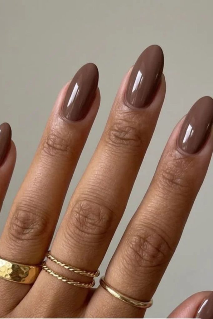 Royal mocha nails with golden accents.
