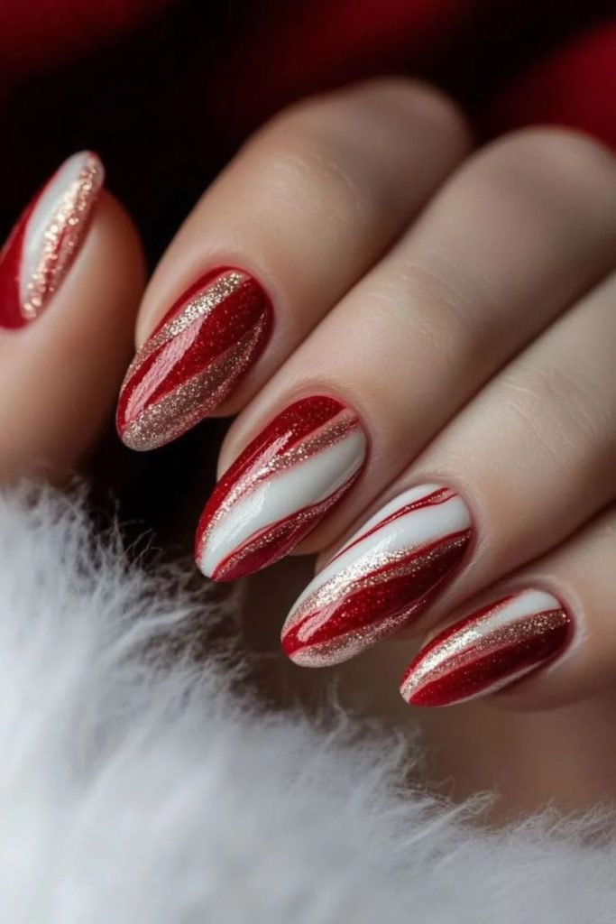 Deep ruby red candy cane nails.
