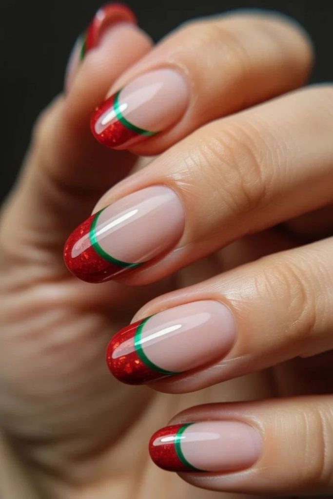 Red green Christmas French tip manicure.