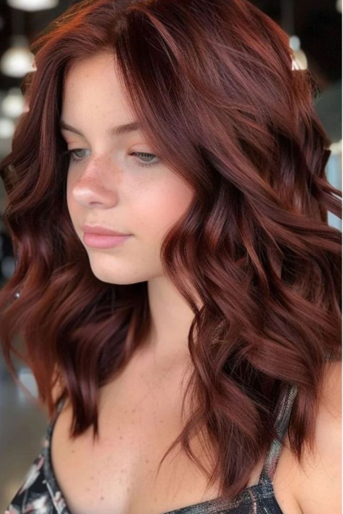 Ruby mahogany waves with radiant highlights.