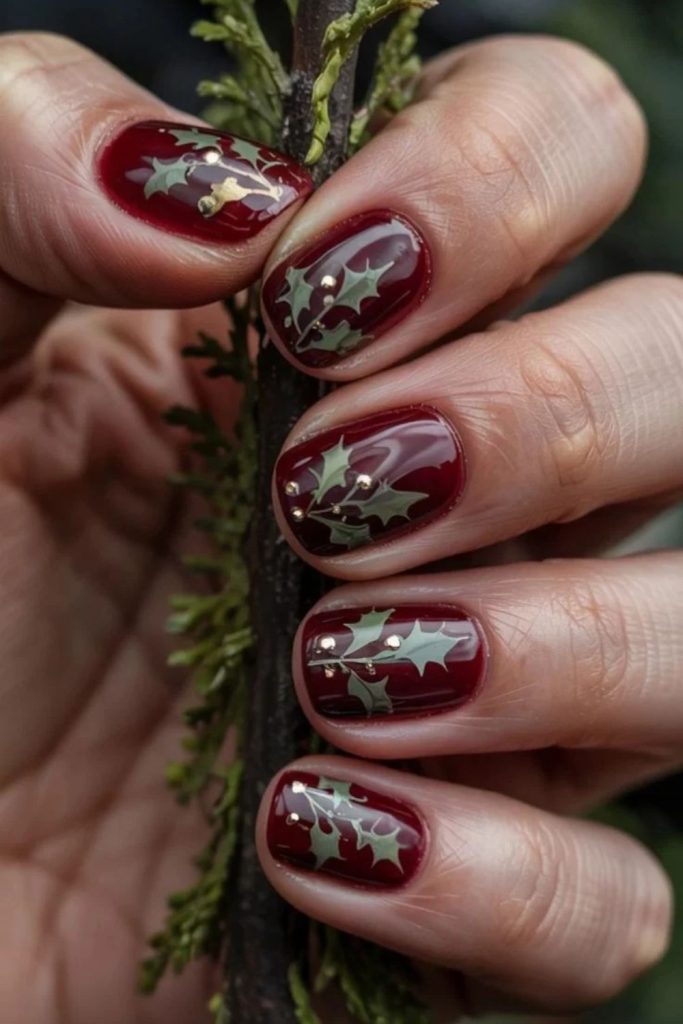 Ruby red pinecone evergreen nail art.
