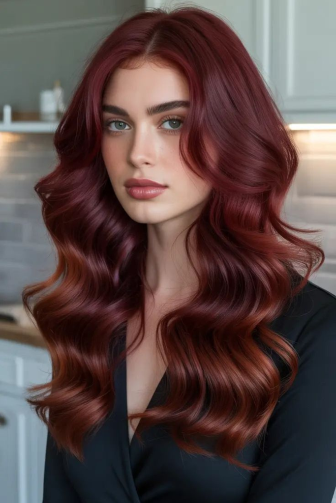 Ruby velvet waves with glossy dimension.