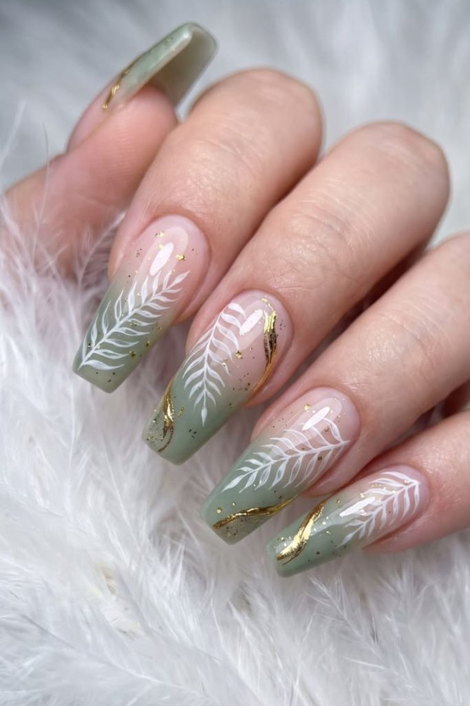 Sage botanical coffin nail design.