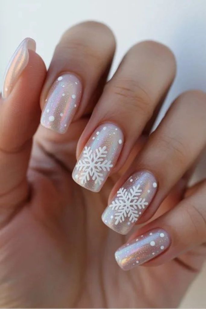 Scandinavian beige Nordic snowflake nails.