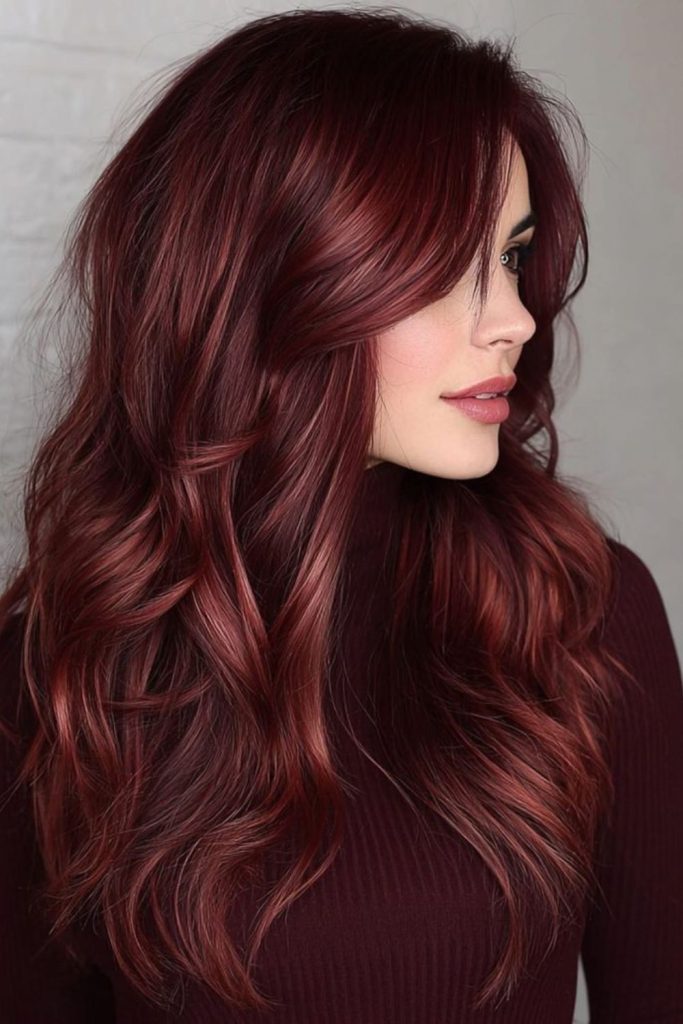 Scarlet mahogany hair with glossy finish.
