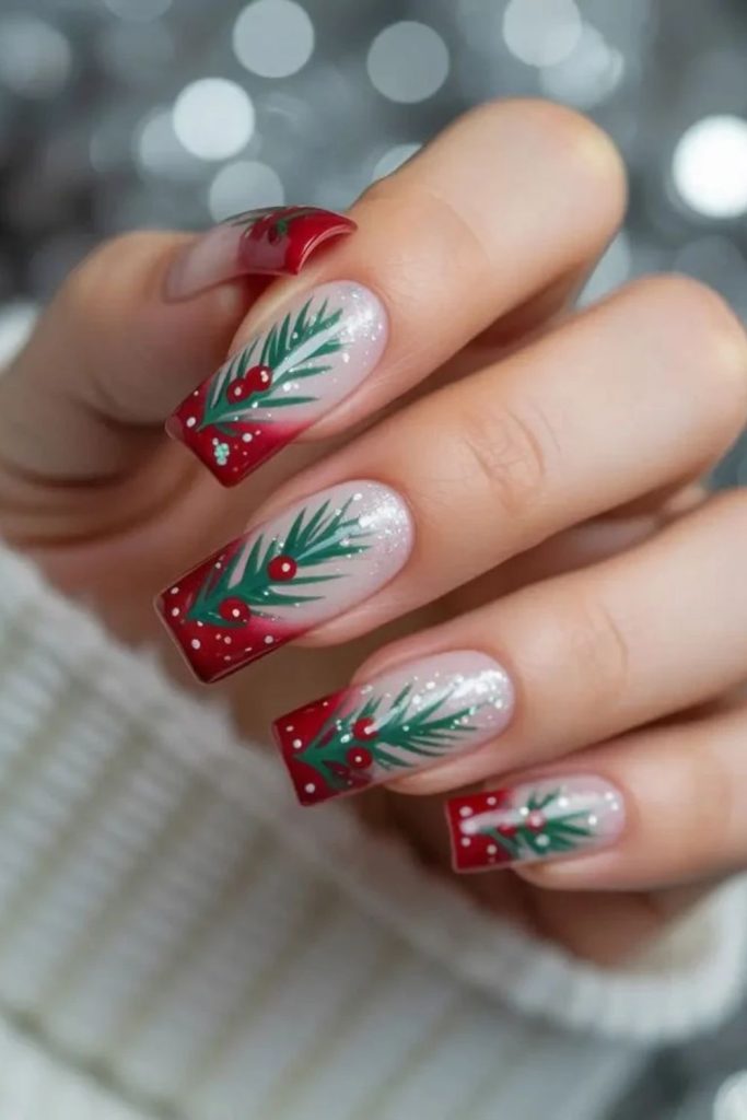 Scarlet red pine branch nail art.