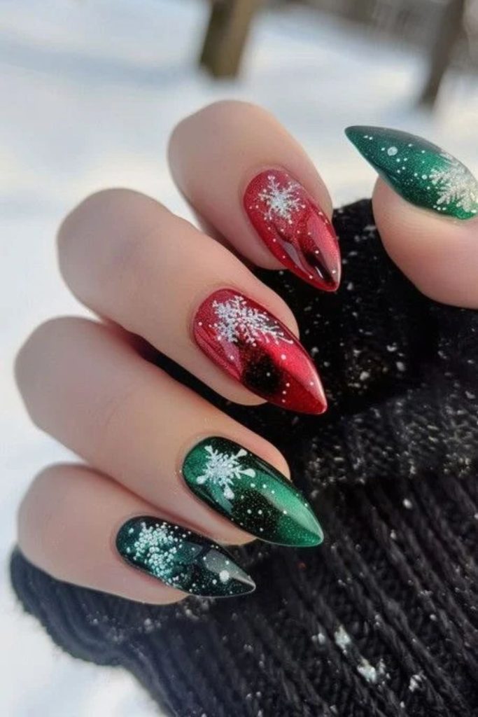 Scarlet red snowy evergreen nail design.