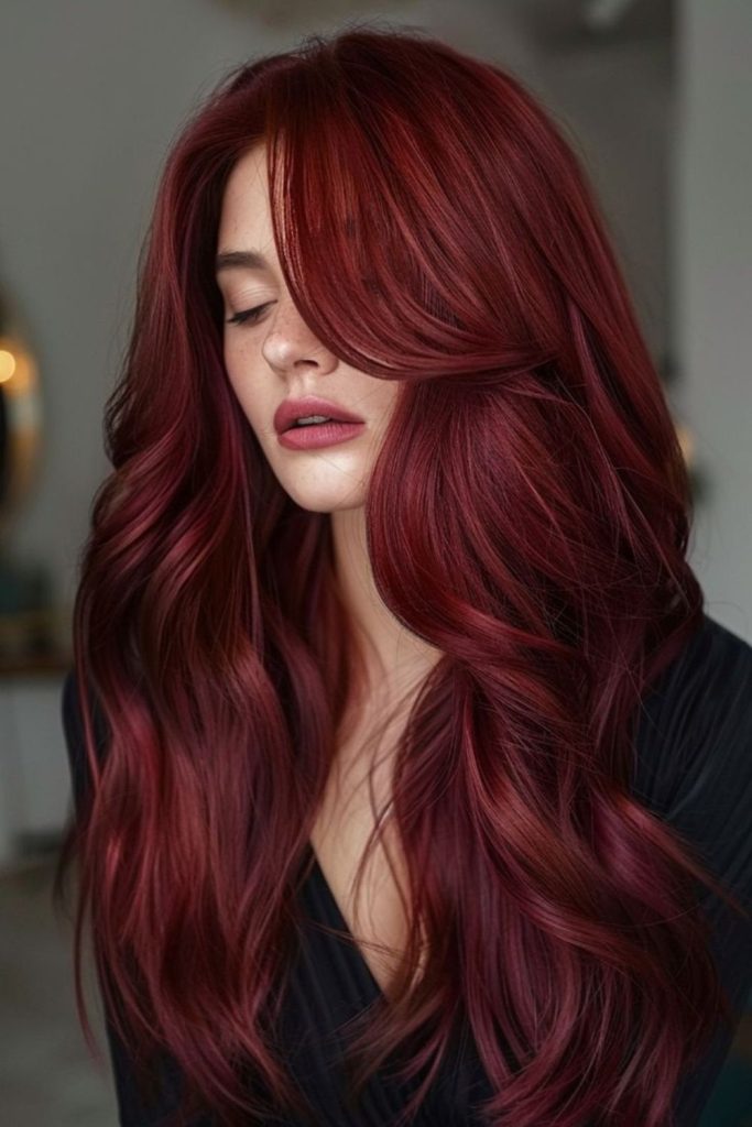 Scarlet velvet hair with radiant shine.
