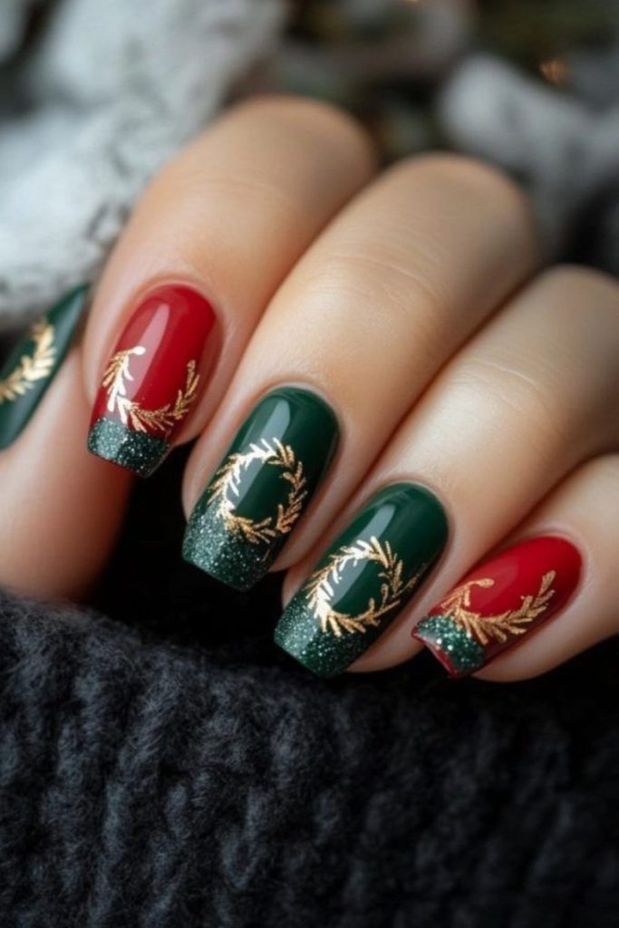 Scarlet wreath red green manicure.