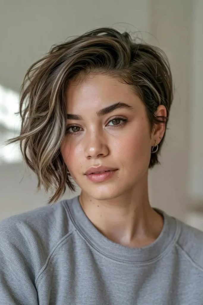 Sculpted side-swept pixie bob style.