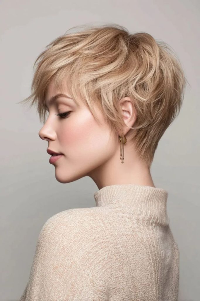 Shaggy champagne pixie bob hairstyle.
