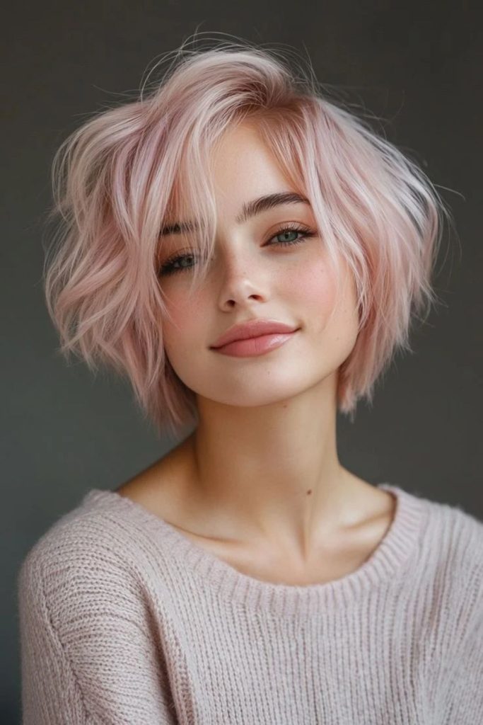 Side-parted blush pixie bob hairstyle.