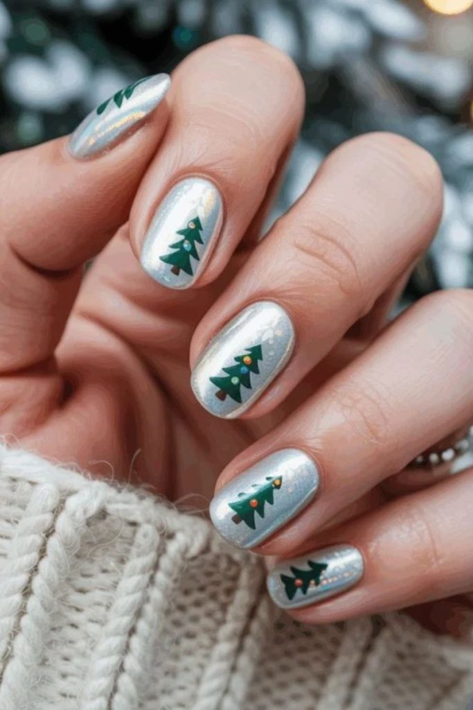 Silver snowy Christmas tree nail art.