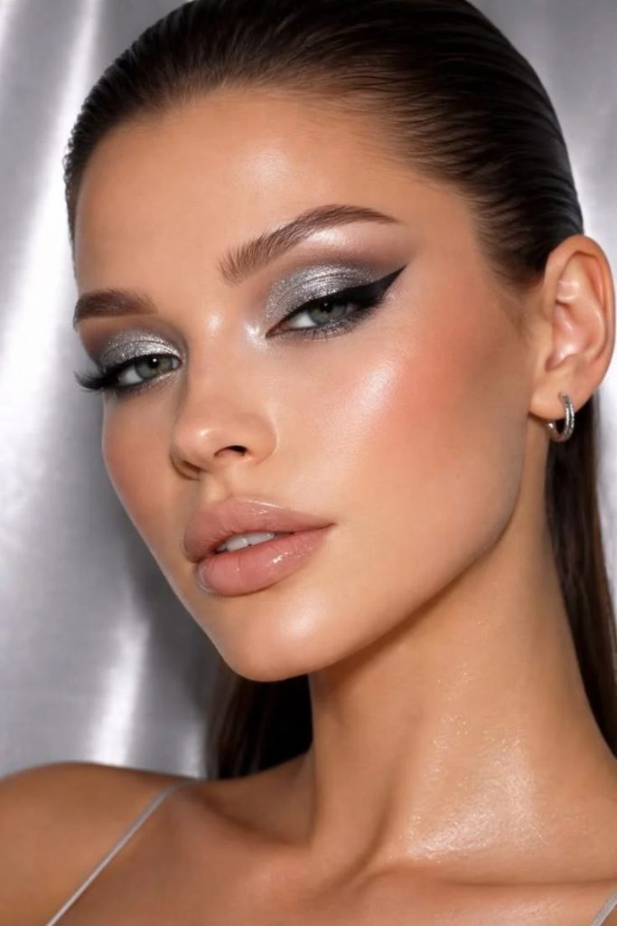 Silver smoky futuristic siren eyes makeup.